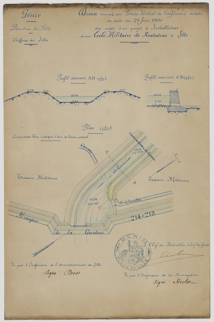 Plan d’un projet d’installation d’une école militaire de natation, Lille, 1890