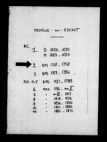 NEUVILLE-SUR-ESCAUT / BMS [1718-1758]