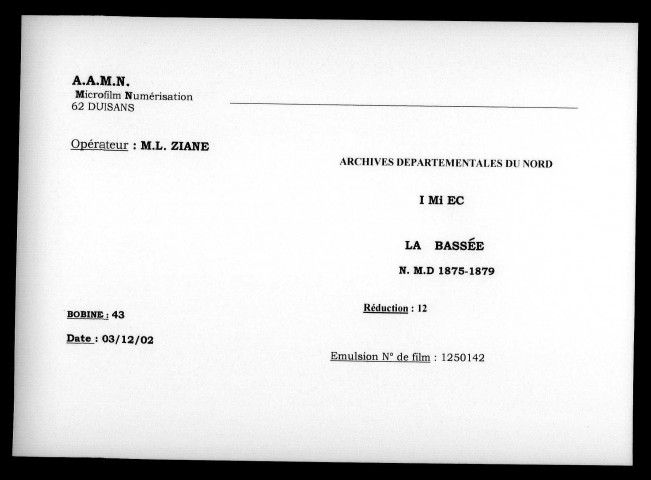 LA BASSEE / NMD [1875-1883]