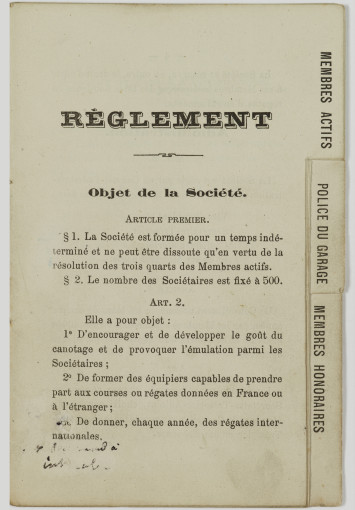 Statuts de la Société de sport nautique (articles premier et deuxième), Lille, 1882.