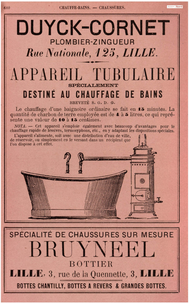 Publicité sur l’appareil tubulaire spécialement destiné au chauffage de bains. 1890