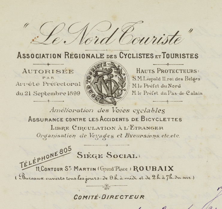 Papier à en-tête de l’Association régionale des Cyclistes et Touristes Le Nord Touriste, 1914. ADN, 70 J 394.