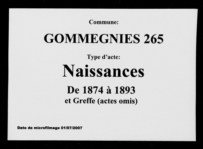 GOMMEGNIES / N , et Greffe (actes omis ) [1874-1893]