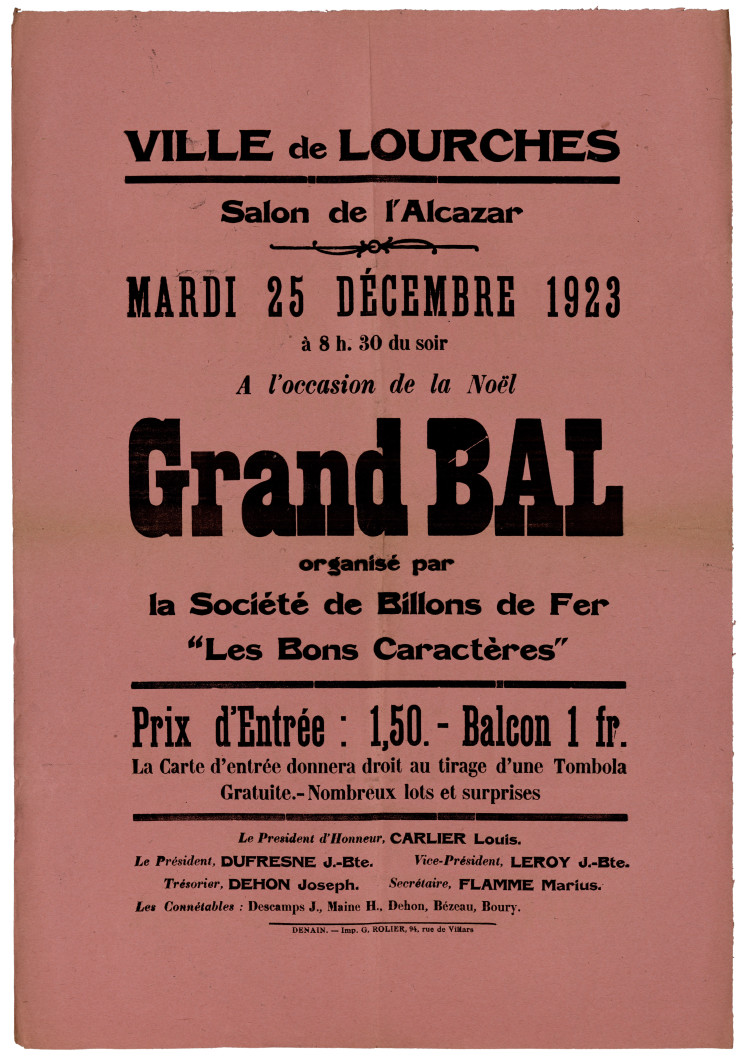 Grand bal organisé par la Société de Billons de Fer "Les Bons Caractères", Lourches, 25 décembre 1923.