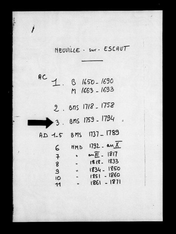 NEUVILLE-SUR-ESCAUT / BMS [1759-1794]
