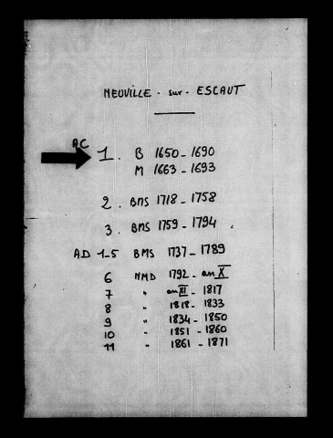 NEUVILLE-SUR-ESCAUT / BMS [1650-1693]