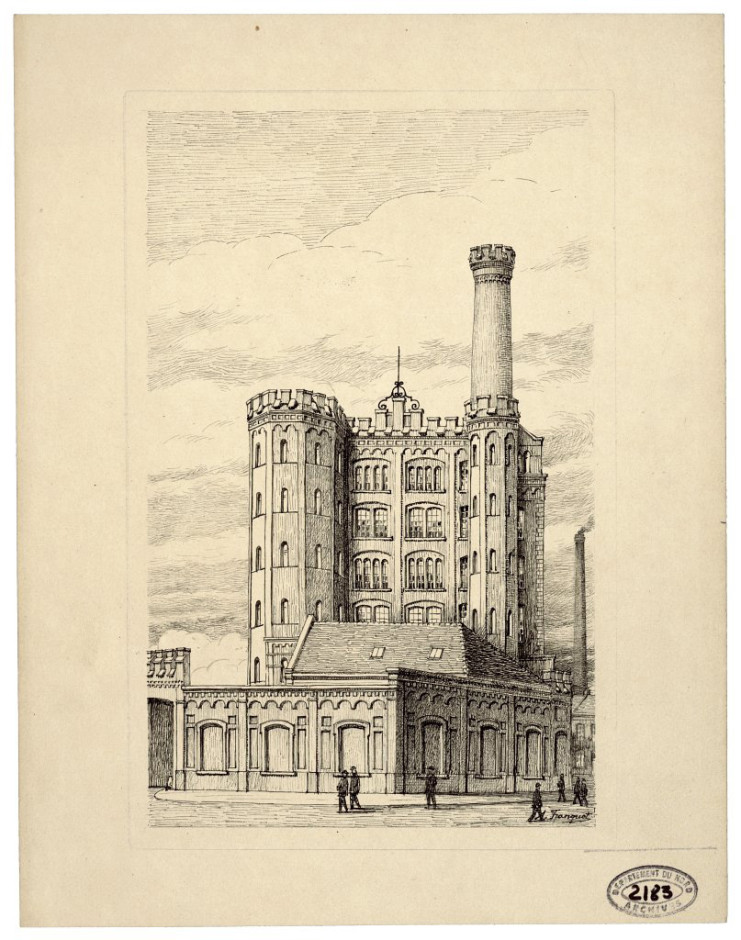 Usine Motte-Bossut à Roubaix par Franquet. Dessin à la plume de 1911.