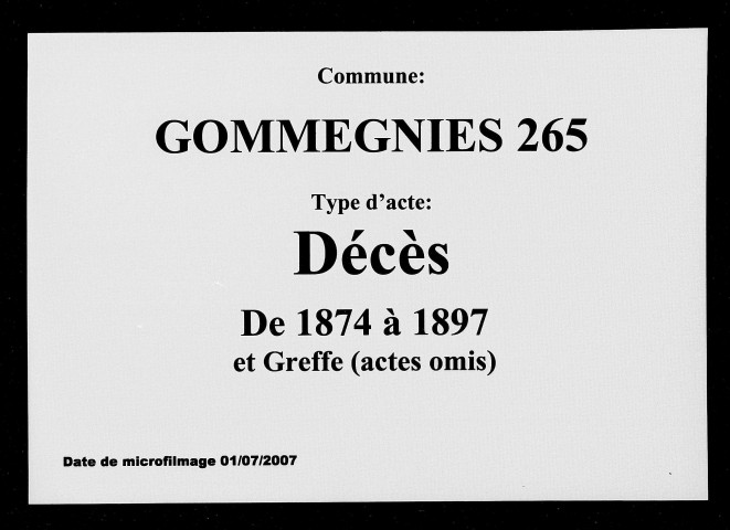 GOMMEGNIES / D, et Greffe (actes omis) [1874-1897]