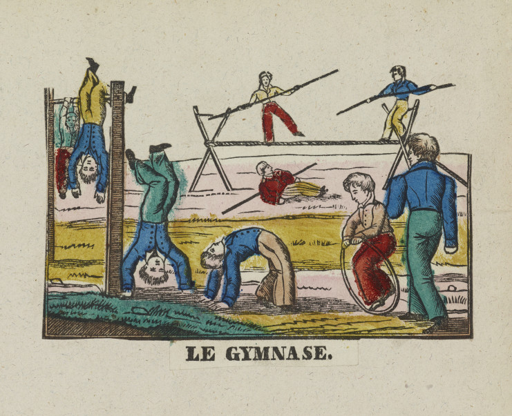 Images populaires en papier coloré. Représentations de jeux, scènes quotidiennes, danses, professions. Ici : planche illustrée avec notamment une image de personnages exerçant divers exercices de gymnastique.