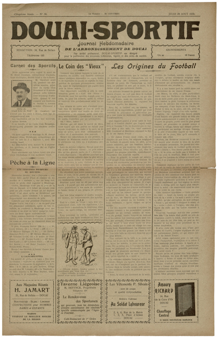 "Les origines du football", article paru dans le journal Douai sportif, 28 août 1930.