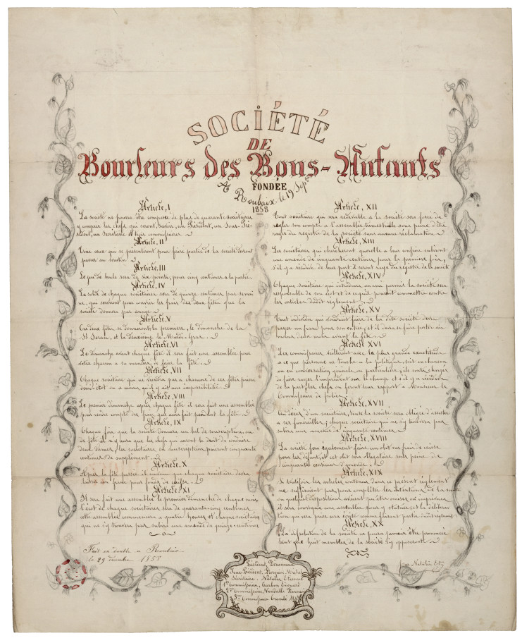 Règlement de la Société de bourleurs "Les Bons-Enfants", Roubaix, 19 septembre 1858.