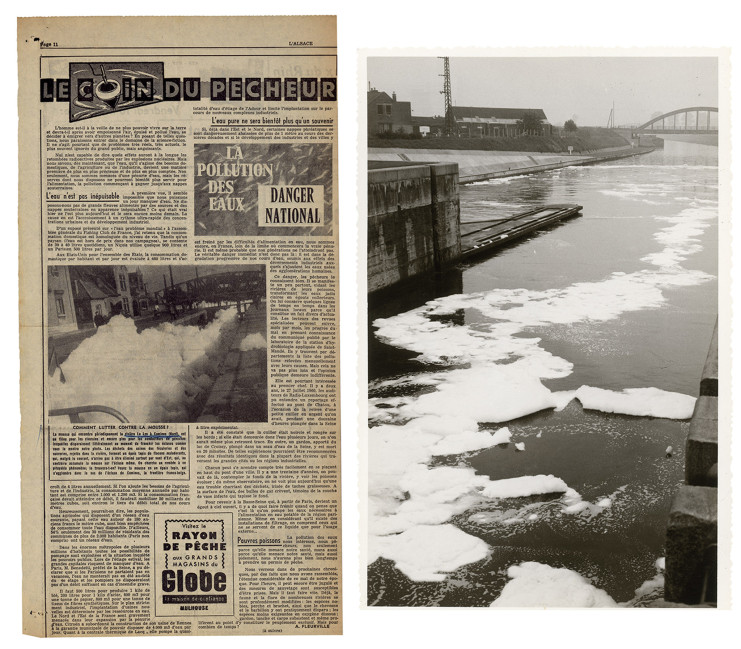 Coupure de journaux, pollution aux détergents, rivière de la Lys à Comines. 1962.