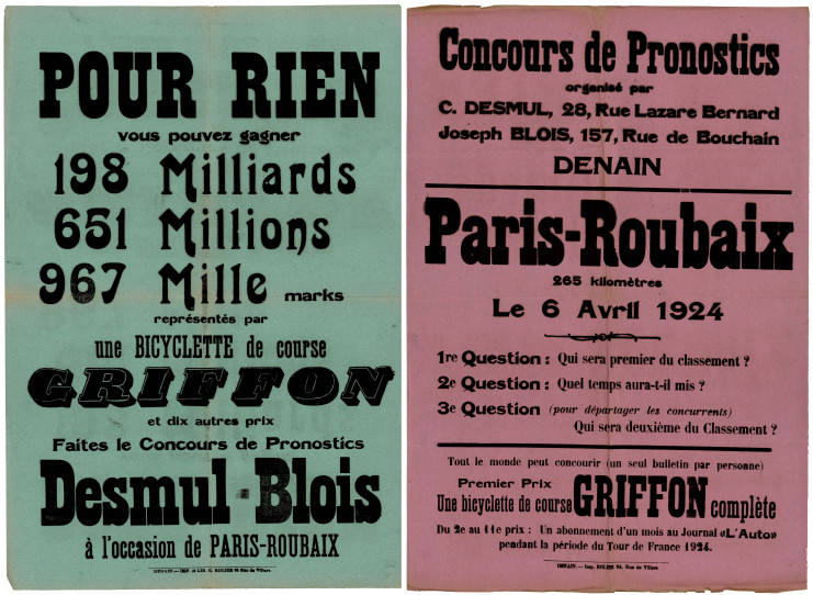 Concours de pronostics Desmul-Blois à l'occasion du Paris-Roubaix, Denain, avril 1924. ADN, 27 Fi 3 / 4373.